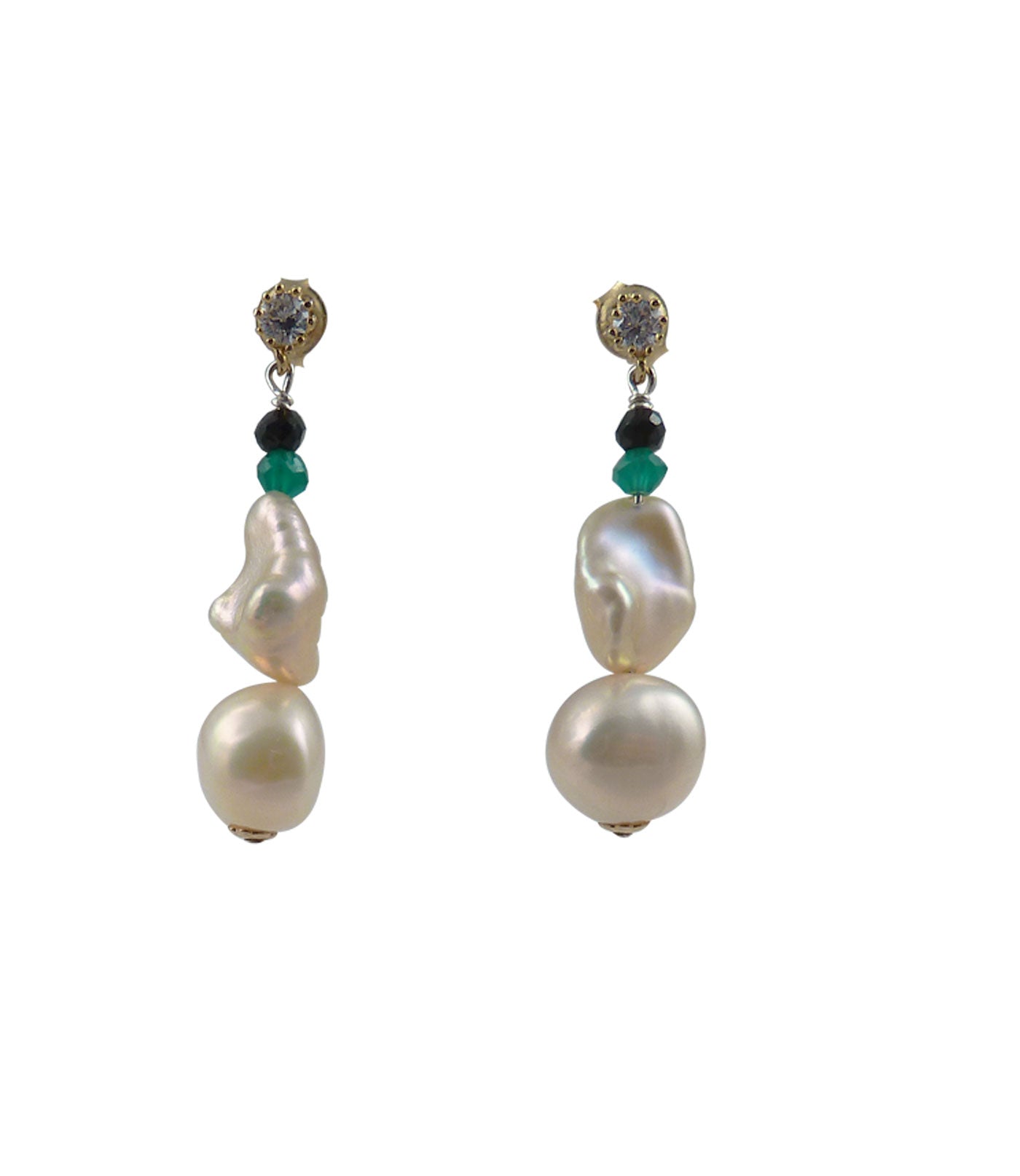 Fancy pearl earrings with colored gems feature lustorus freshwater pearls paired with colored gems.  Modern pearl jewelry