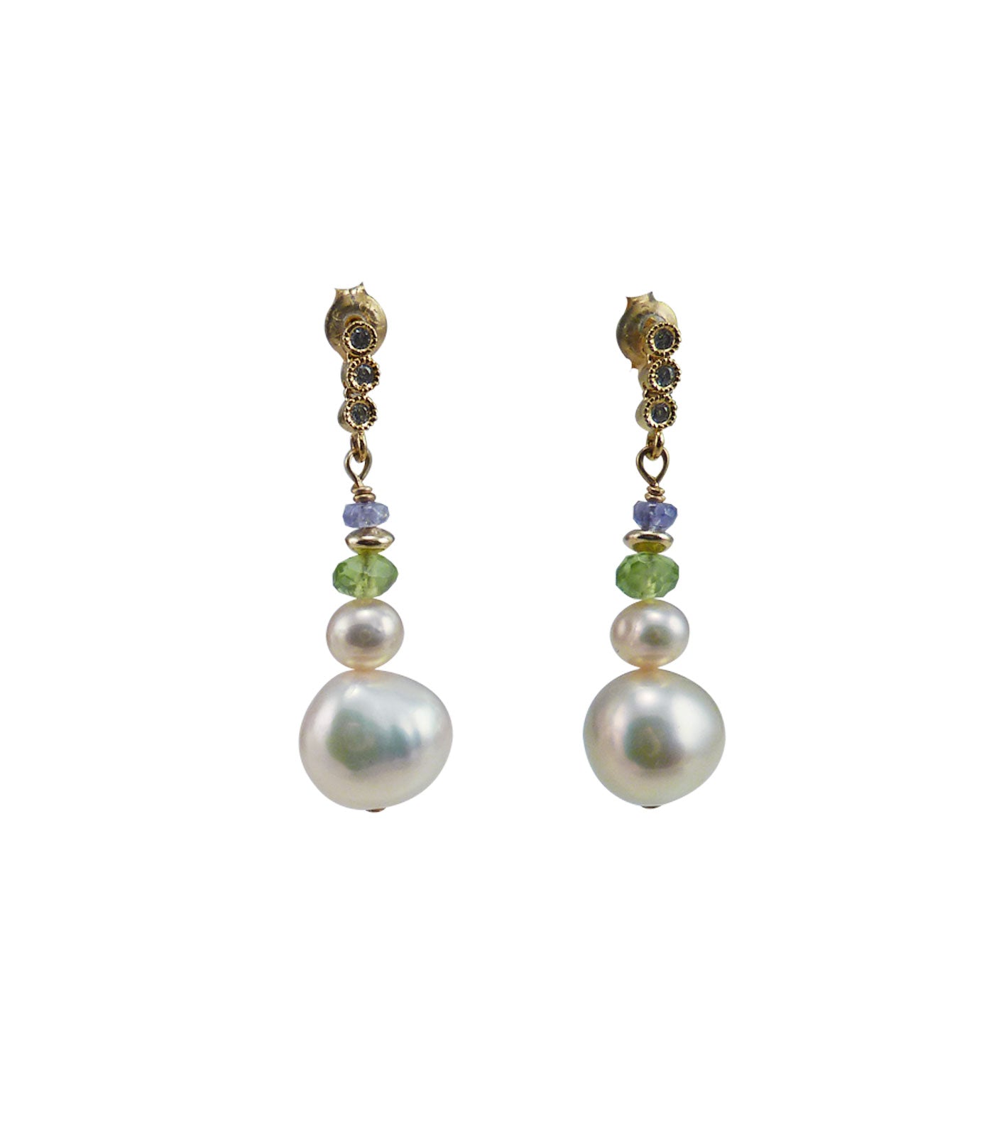Glowing dangling pearl earrings feature beautiful freshwater pearls paired with colored gems.  Contemporary custom pearl jewelry