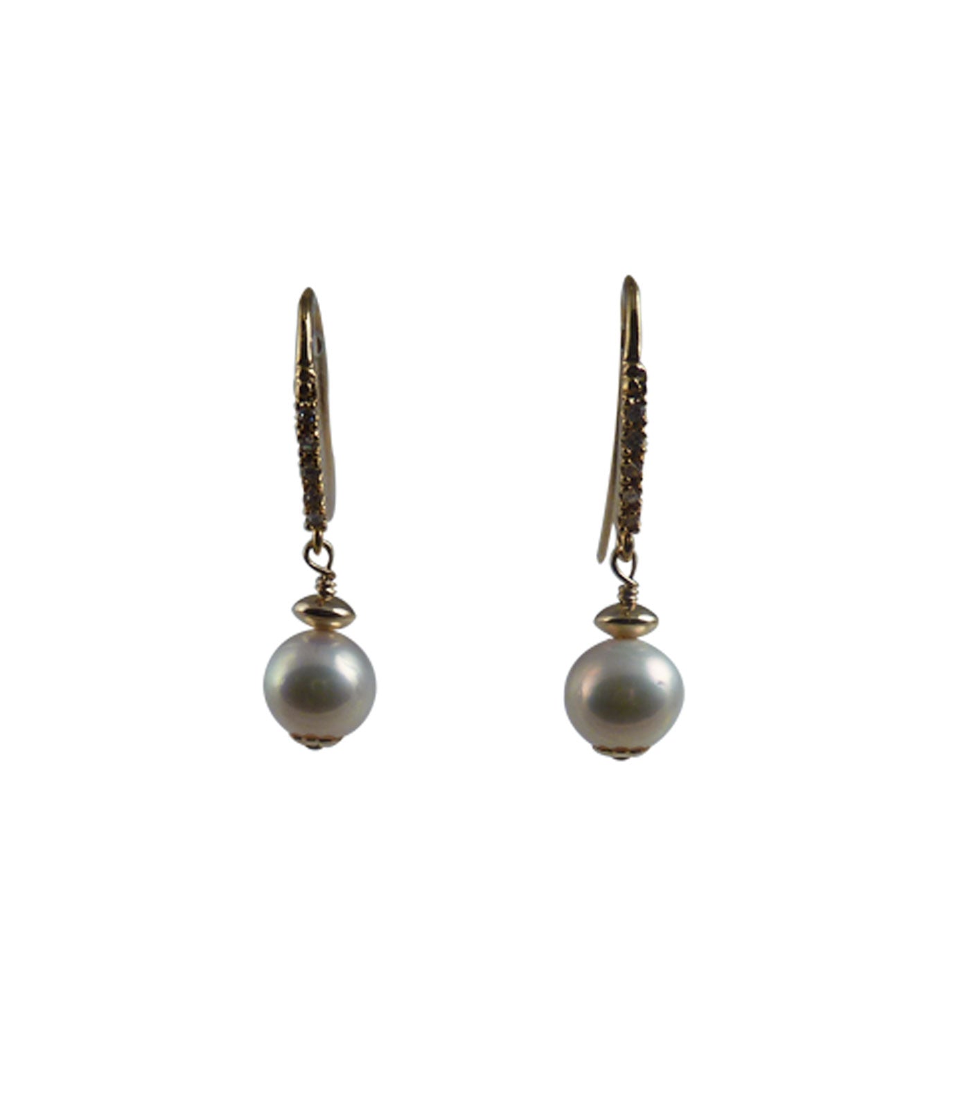 Golden dangling pearl earrings feature freshwater pearls.