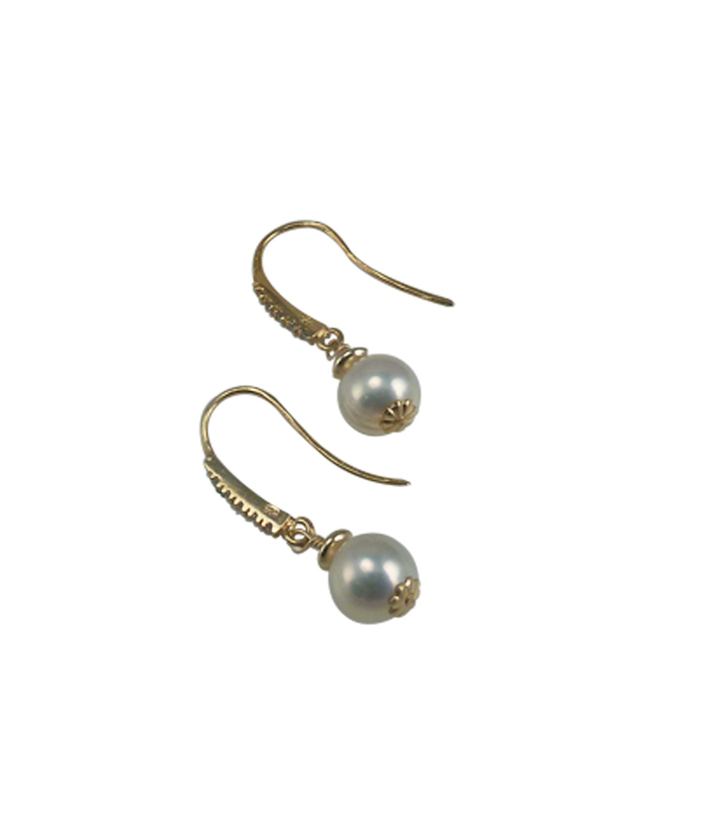 Golden dangling pearl earrings feature off-round rare freshwater pearls.  Elagant fashion accessory