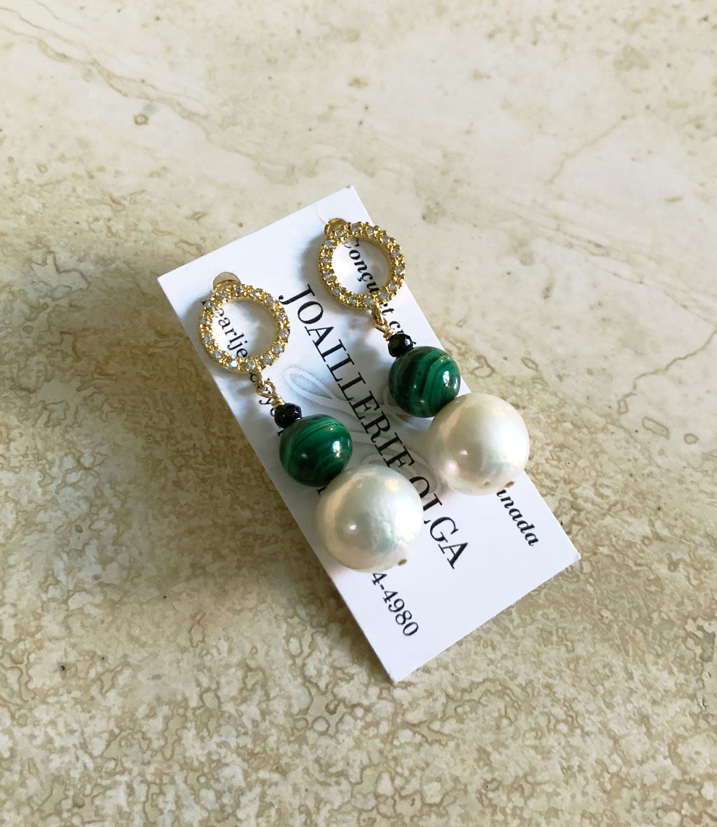 Gorgeous malachite and pearl earrings feature white pearls and green malachite