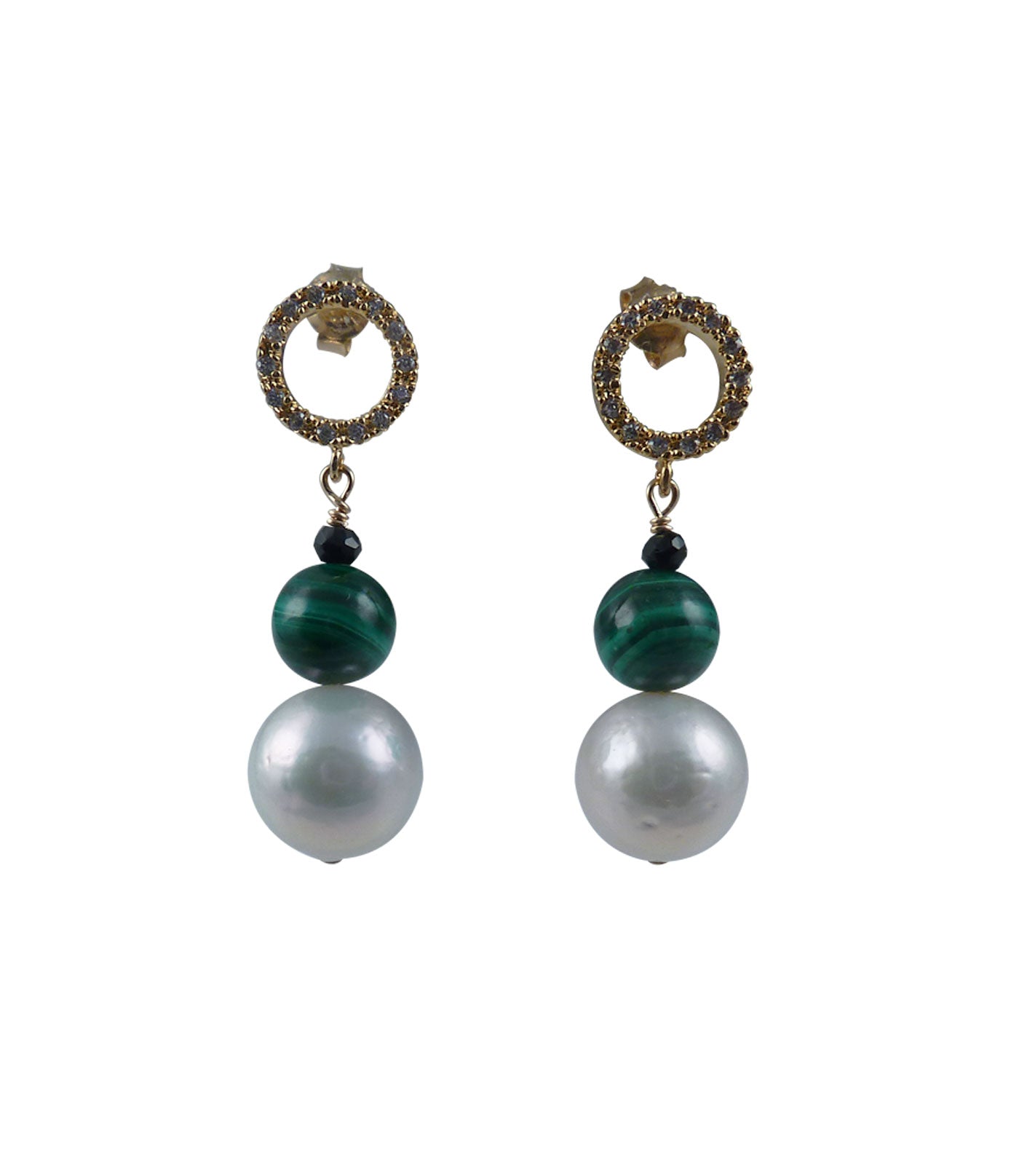 Gorgeous malachite and pearl earrings feature white Chinese Kasumi pearls.
