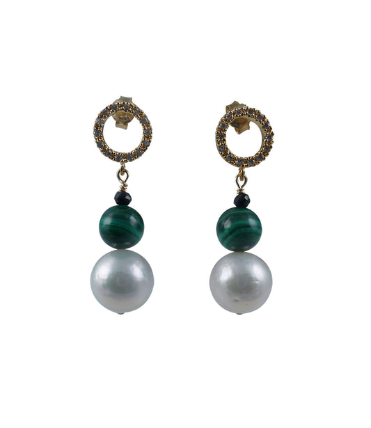 Gorgeous malachite and pearl earrings feature white Chinese Kasumi pearls.