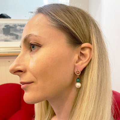 Gorgeous malachite and pearl earrings feature white Chinese Kasumi pearls, green malachite, and black spinel