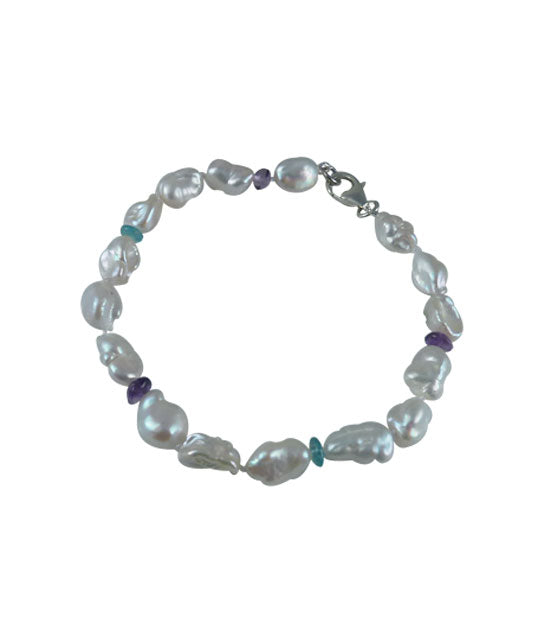 Keshi pearl bracelet with apatite and amethyst.  Custom pearl jewelry.  Contemporary keshi pearl jewelry