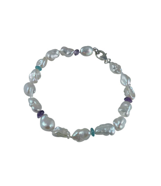 Keshi pearl bracelet with apatite and amethyst.  Custom pearl jewelry.  Contemporary keshi pearl jewelry