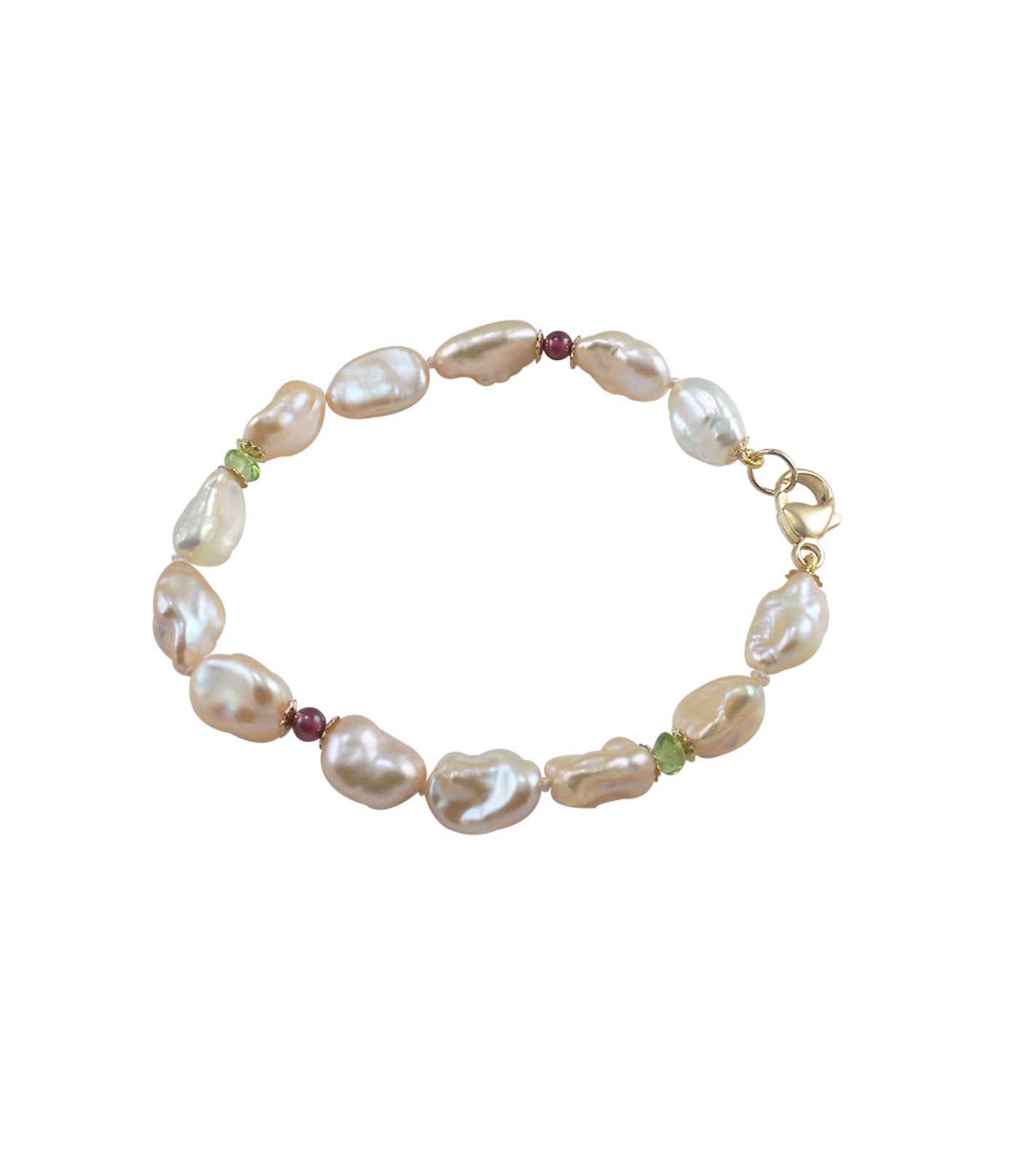 Keshi pearl bracelet with peridot and garnet featuring cultured freshwater keshi pearls.  Custom pearl jewelry