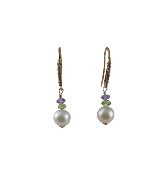 Long white pearl earrings wiiith colored gemstones