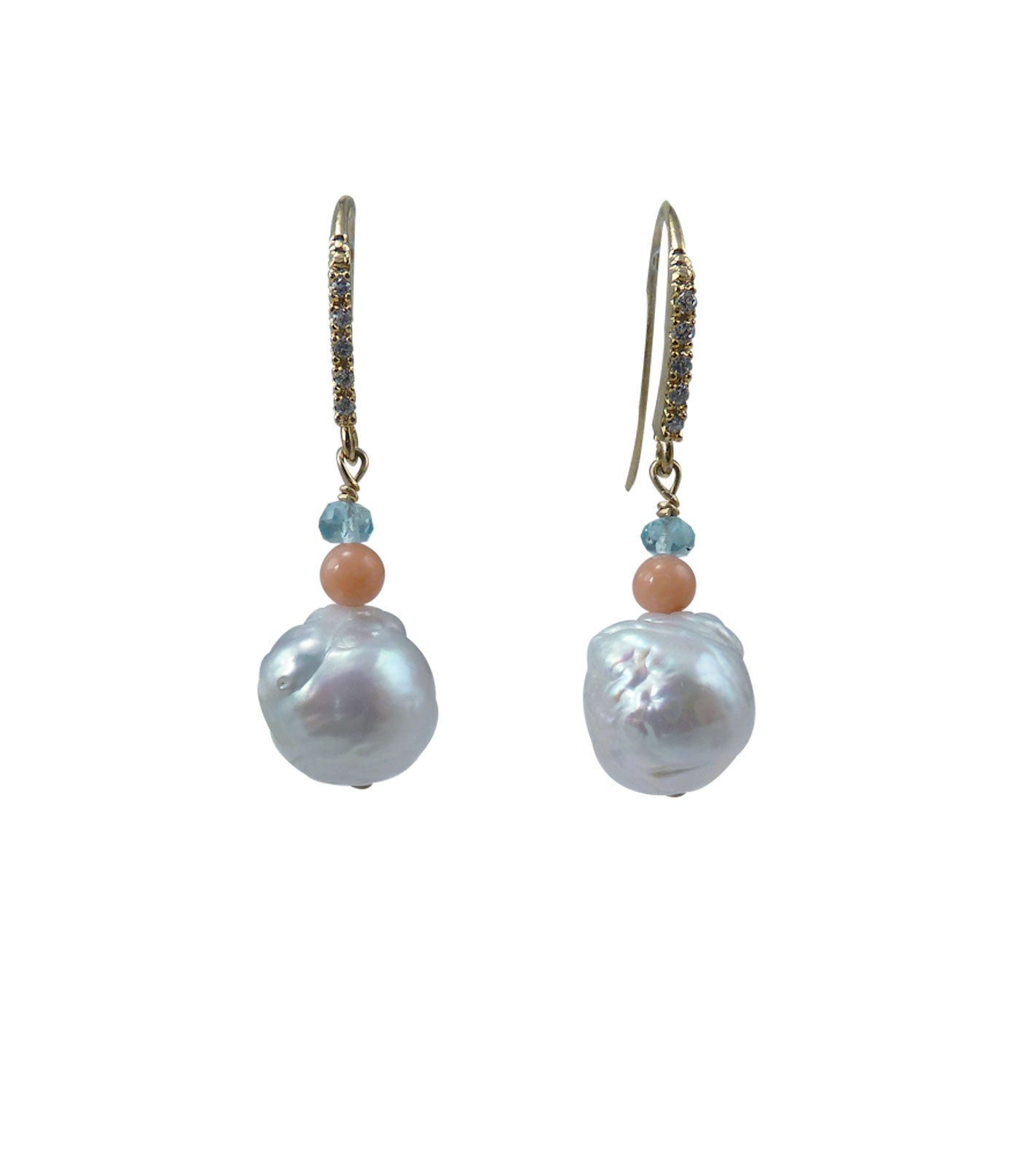 Lovely dangling white pearl earrings featuring gorgeous Chinese Kasumi white pearls with colored gems