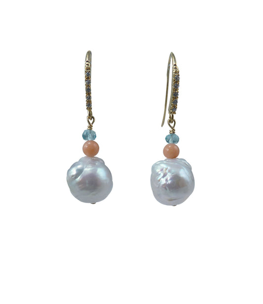 Lovely dangling white pearl earrings featuring gorgeous Chinese Kasumi white pearls with colored gems