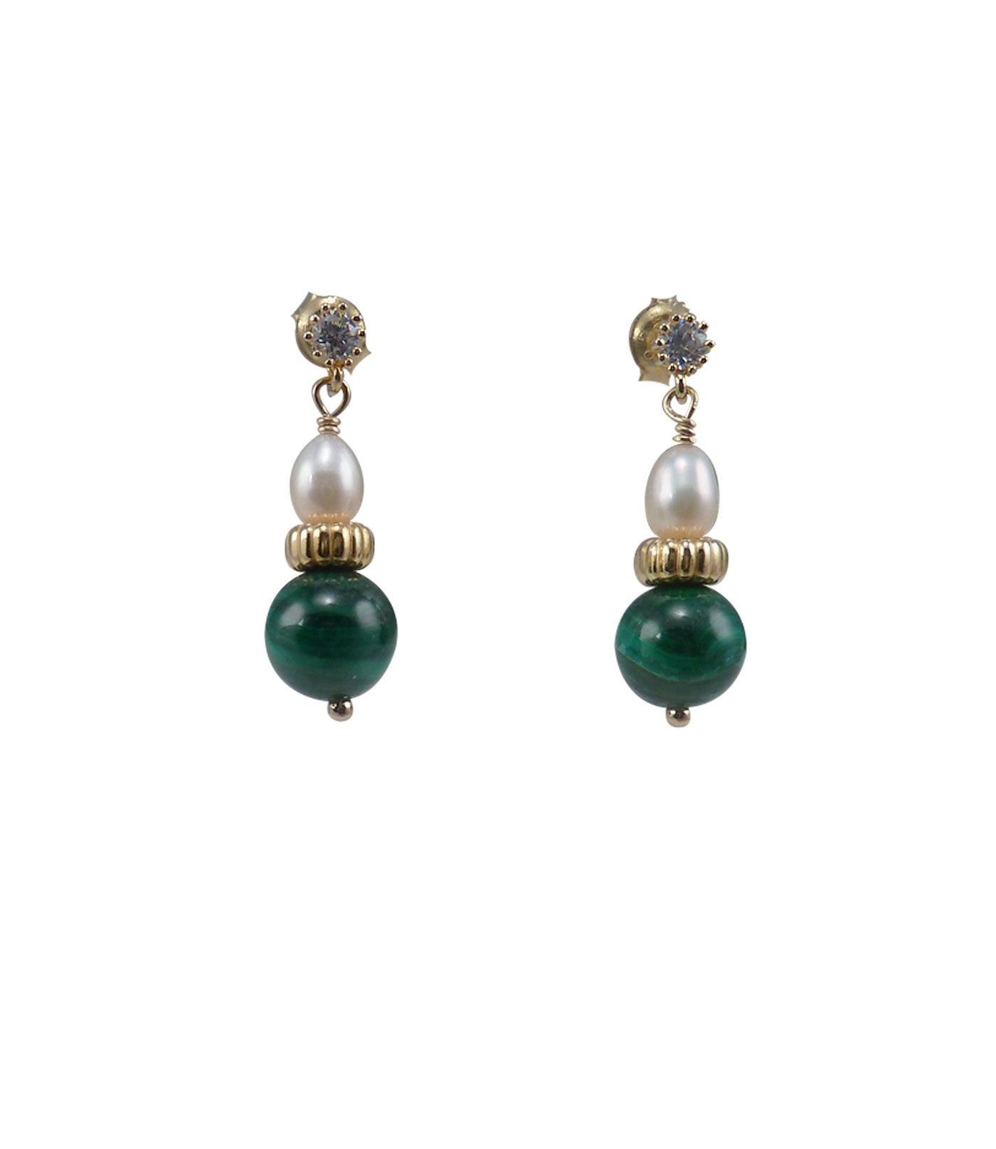 Stylish malachite and pearl earrings designed and created by Jewelry Olga Montreal Canada