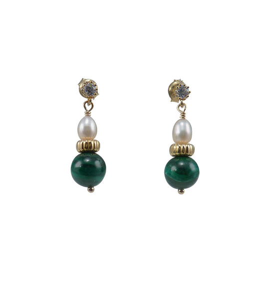 Stylish malachite and pearl earrings designed and created by Jewelry Olga Montreal Canada
