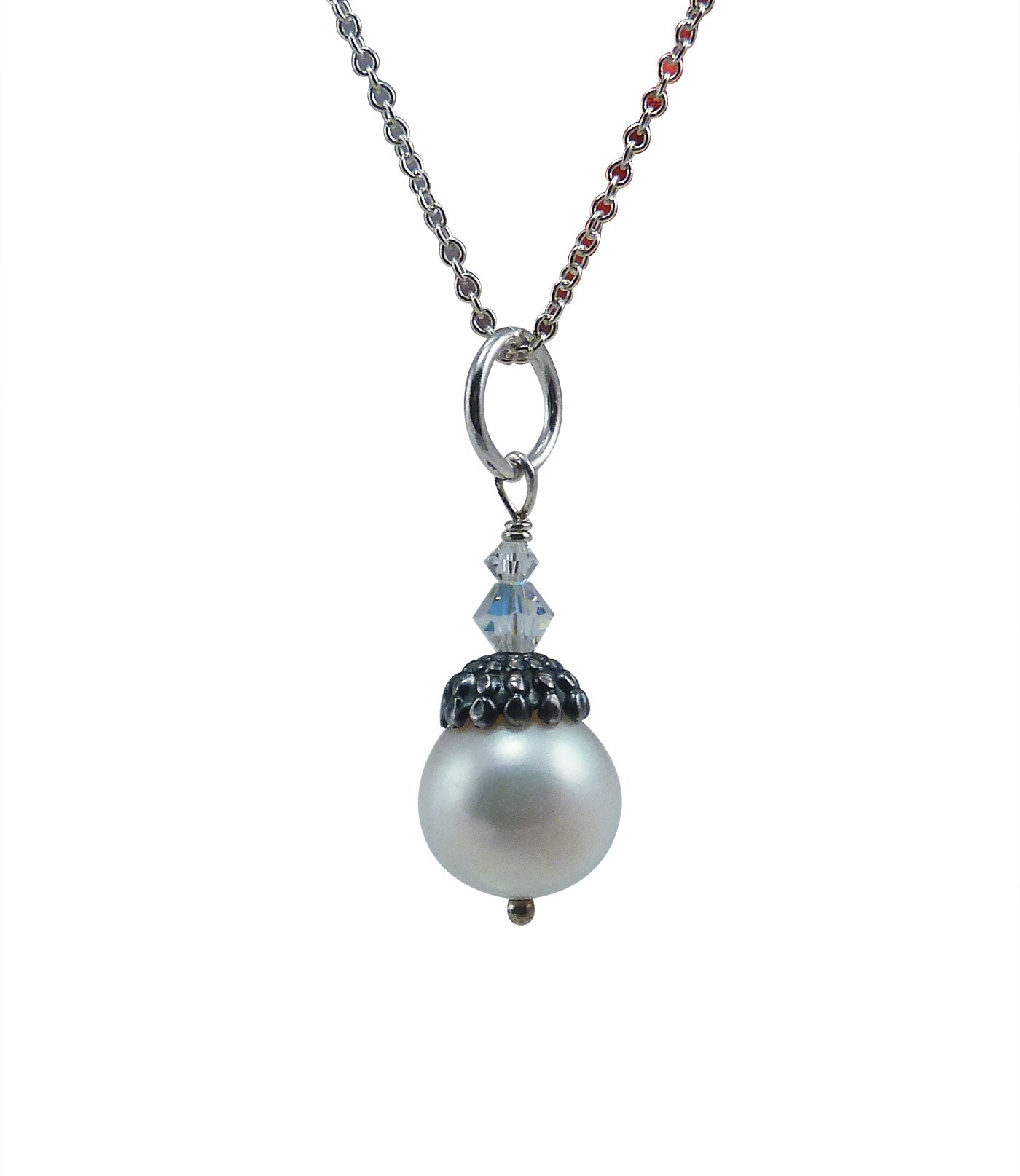 Lovely white pearl pendant necklace featuring freshwater large pearl on a Sterlilng silver chain