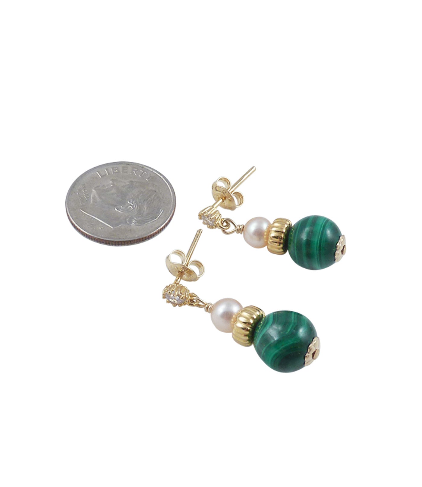 Malachite and pearl earrings are used as a beautiful, stylish accessory.  Custom pearl jewelry for everyday wear