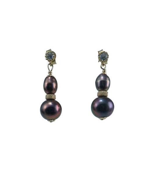 Graceful contemporary black pearl earrings.   Lustrous freshwater black pearls.  Dangling black pearl earrings is a perfect jewelry gift.