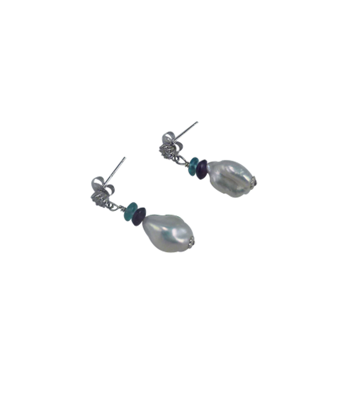 Genuine white stud pearl earrings with colored gemstones.  Contemporary pearl jewelry for fashion-forward women 