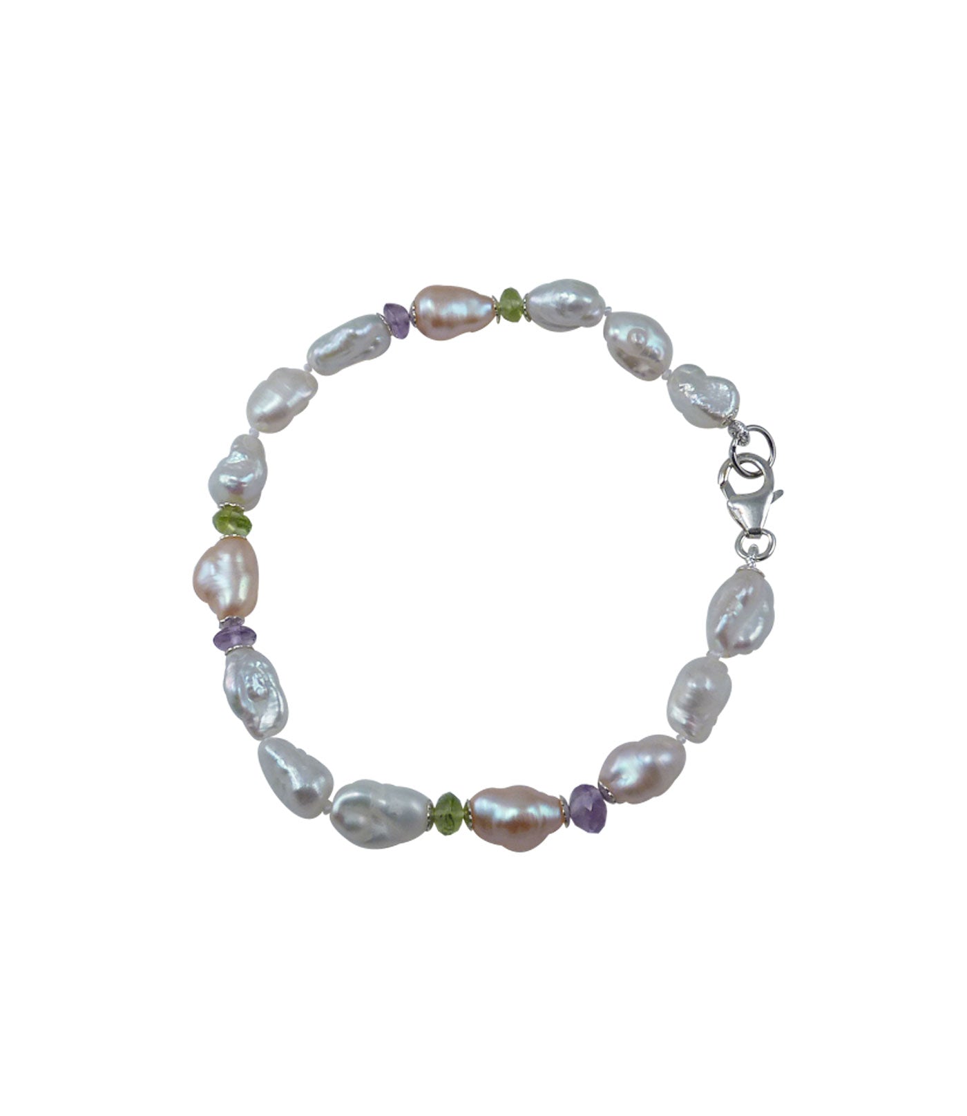 Modern keshi pearl bracelet featuring freshwater keshi pearls paired with colored gems.  Custom pearl jewelry
