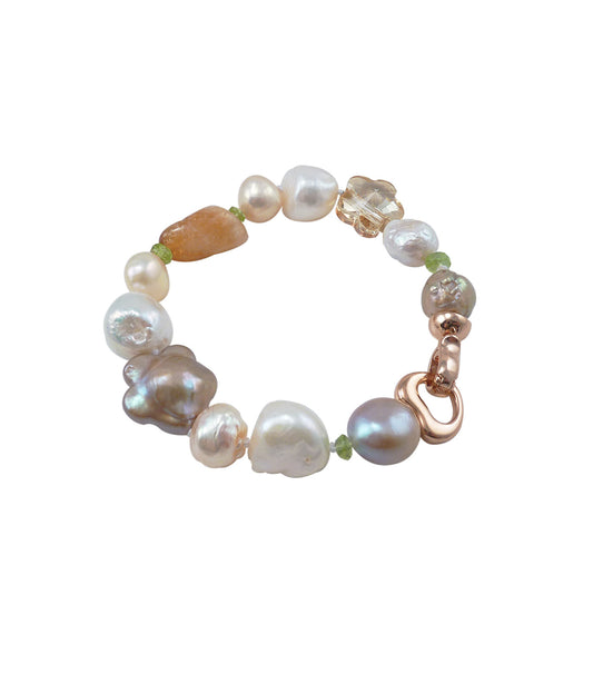 Modern pearl bracelet, citrine, peridot as accessories.  Contemporary pearl jewelry for stylish women