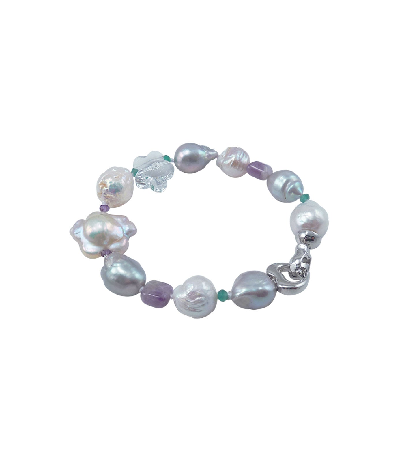 Modern pearl bracelet, pink quartz, amethyst.  This custom pearl jewelry features freshwater pearls paired with colored gems.  Contemporary pearl bracelet for fashion-forward women