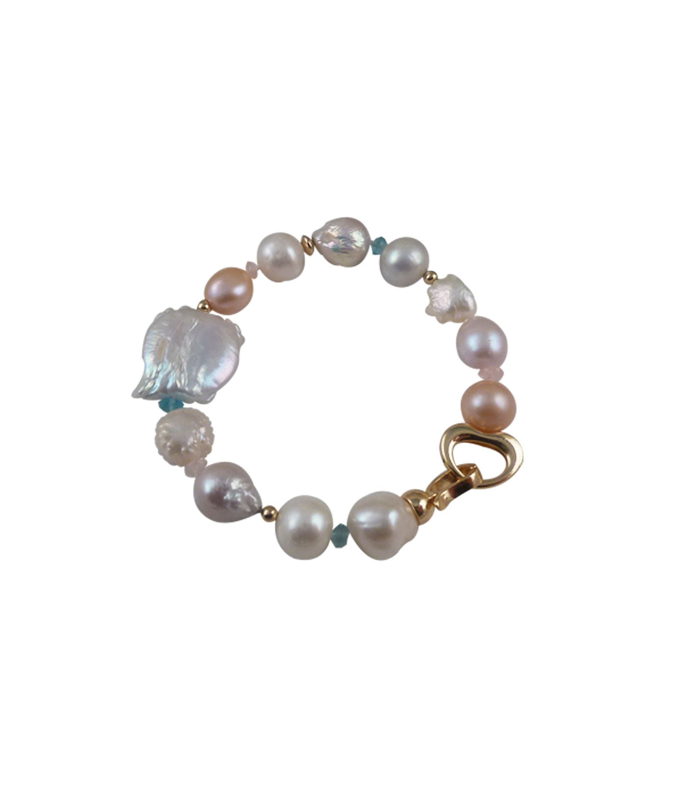 Modern pearl bracelet with apatite features real freshwater pearls paired with pink quartz and neon-blue apatite.  Contemporary pearl jewelry is ideal jewelry gift for anniversary.