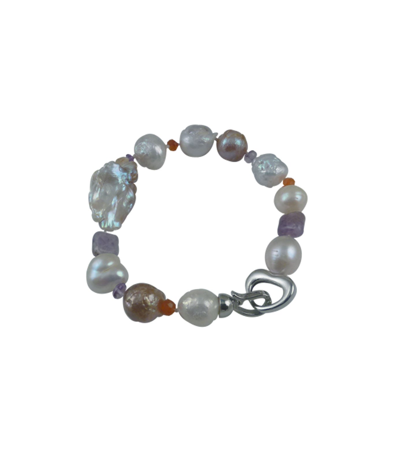 Modern pearl bracelet with carnelian featuring real freshwater pearls paired with colored gemstones.  Freshwater pearls include rare Chinese Kasumi pearls and keshi pearls.