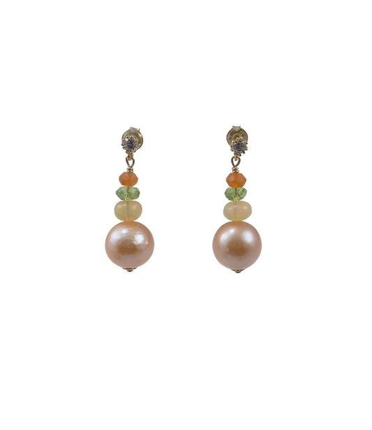 Contemporary custom pearl earrings with opal featuring beautiful rare freshwater Chinese Kasumi pearls.  Designer pearl jewelry designed and created by Jewelry Olga Montreal Quebec Canada