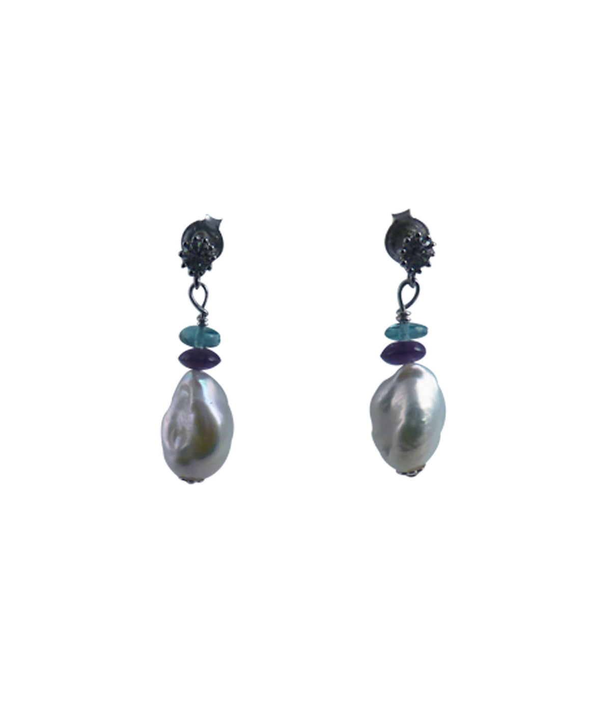 Pearl stud earrings featuring freshwater keshi pearls paired with colored gems