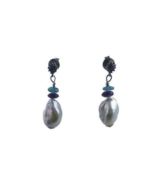 Pearl stud earrings featuring freshwater keshi pearls paired with colored gems