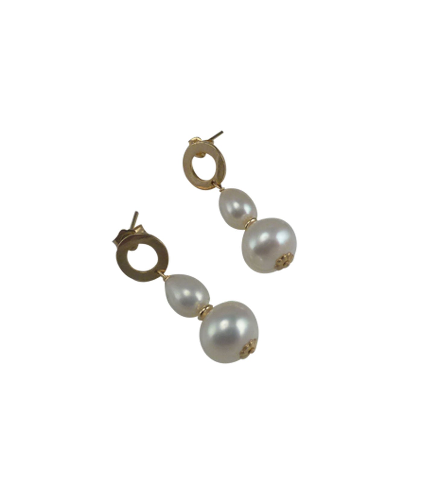 Elegant contemporary pearl earrings featuring freshwater white pearls of various shapes.  