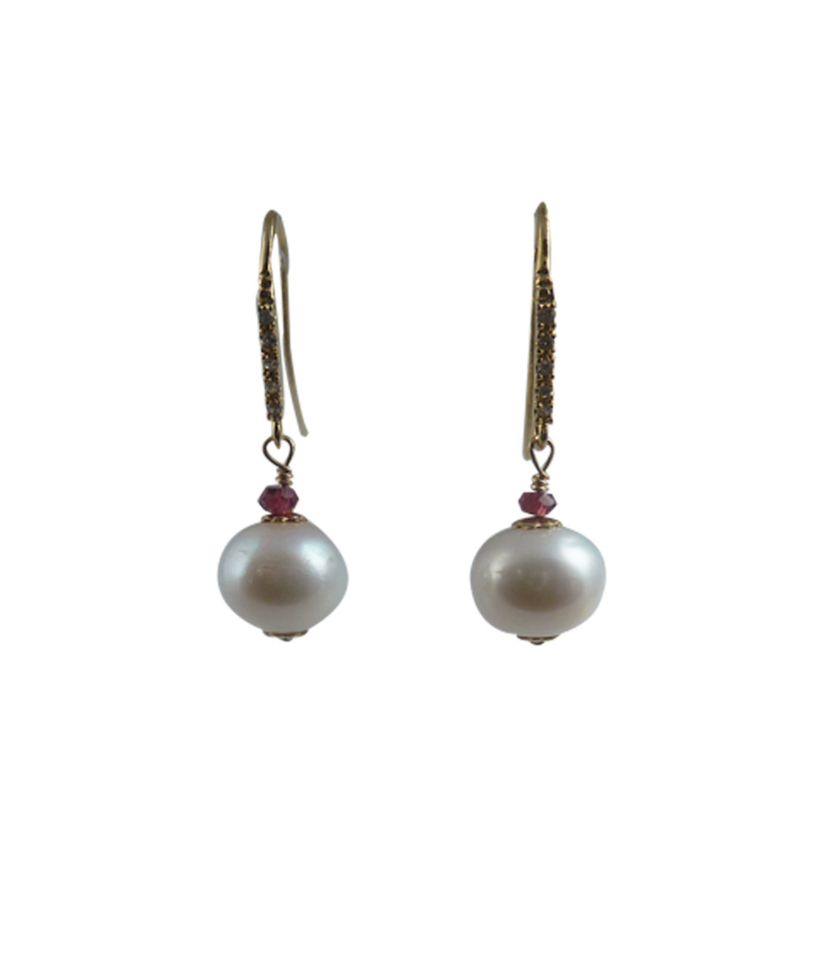 Contemporary dangling pearl earrings with wine-red garnet.  Elegant pearl jewelry for any occasion