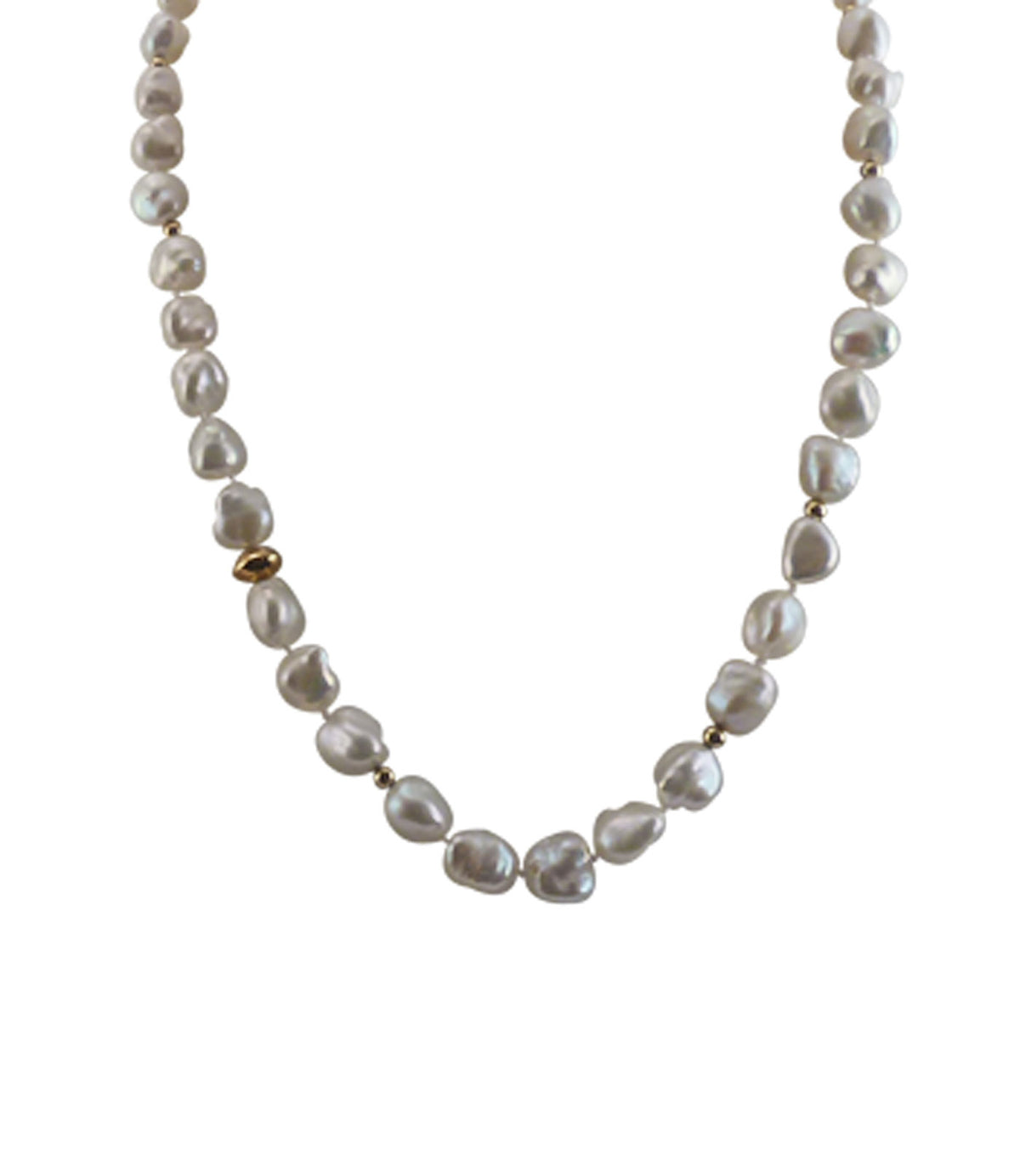 Stylish white pearl necklace with golden elements and fancy clasp.  Contemporary pearl jewelry