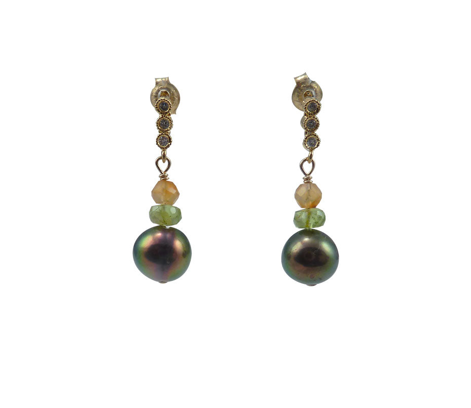 Modern dangling black pearl earrings featuring freshwater black pearls paired  with colroed gemstones