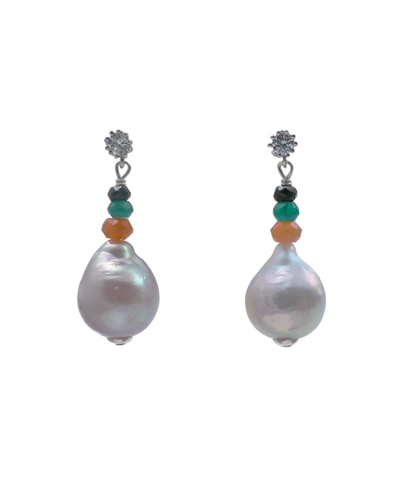 Silvery-grey dangling pearl earrings.  Unique baroque pearl jewelry featuring beautiful freshwater Chinese Kasumi pearls