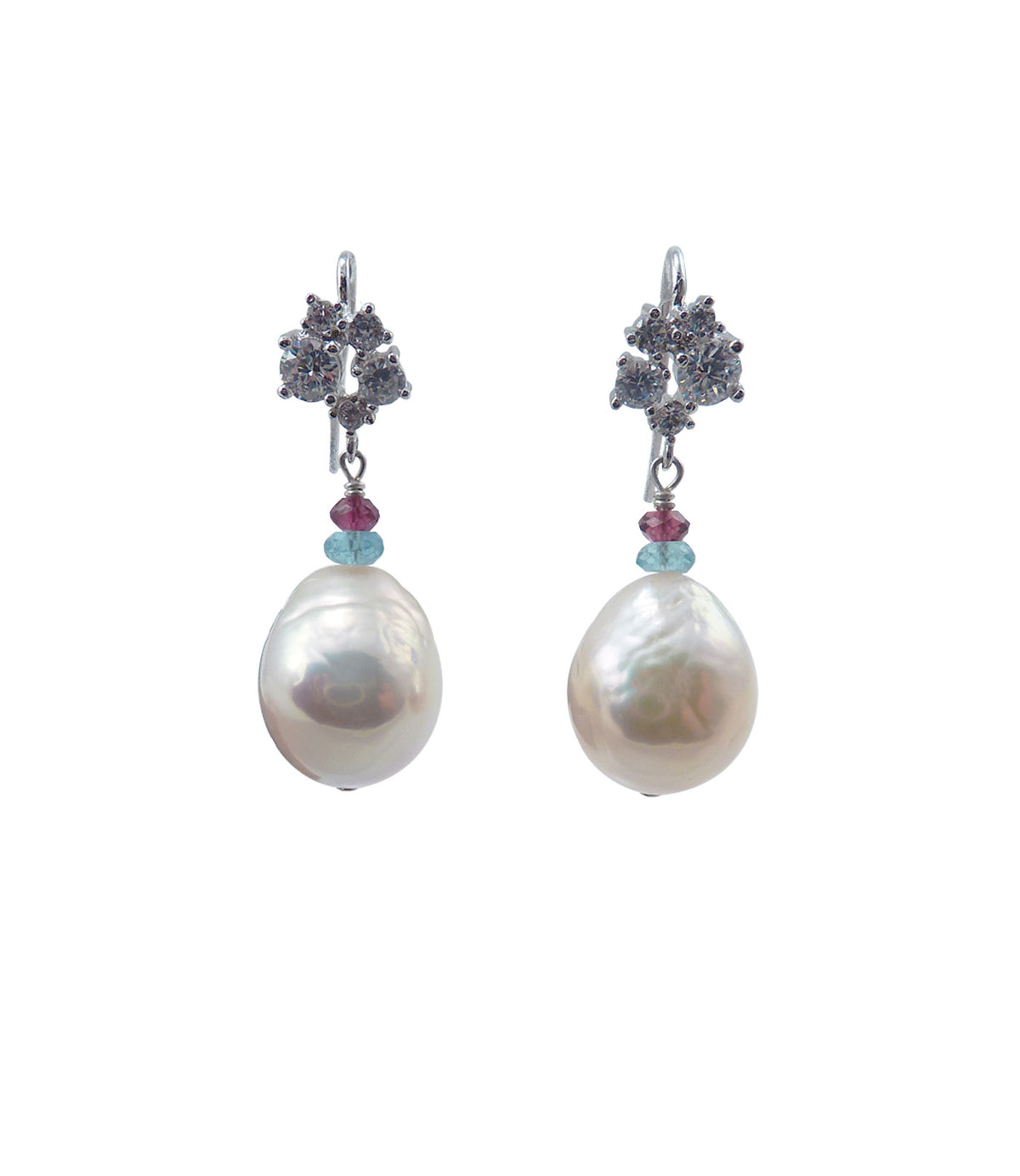 Modern dangle genuine pearl earrings with freshwater Chinese Kasumi pearls.  Custom pearl jewelry.  Baroque pearl earrings for fashion-forward women