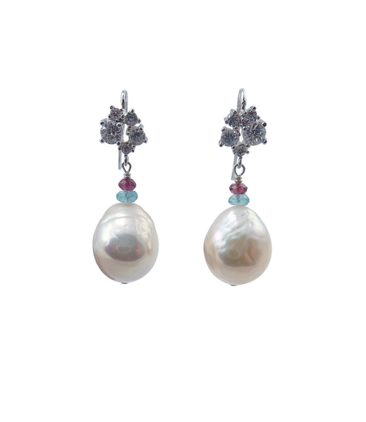 Modern dangle genuine pearl earrings with freshwater Chinese Kasumi pearls.  Custom pearl jewelry.  Baroque pearl earrings for fashion-forward women