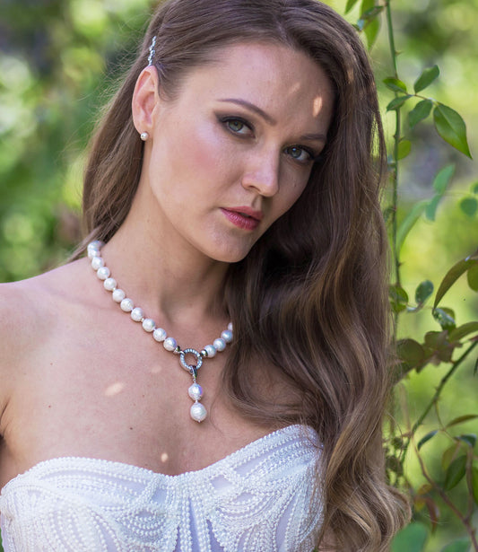 Statement real white pearl necklace will finish your look.  Modern pearl jewelry with pearl charm pendant.  Bridal statement pearl jewelry