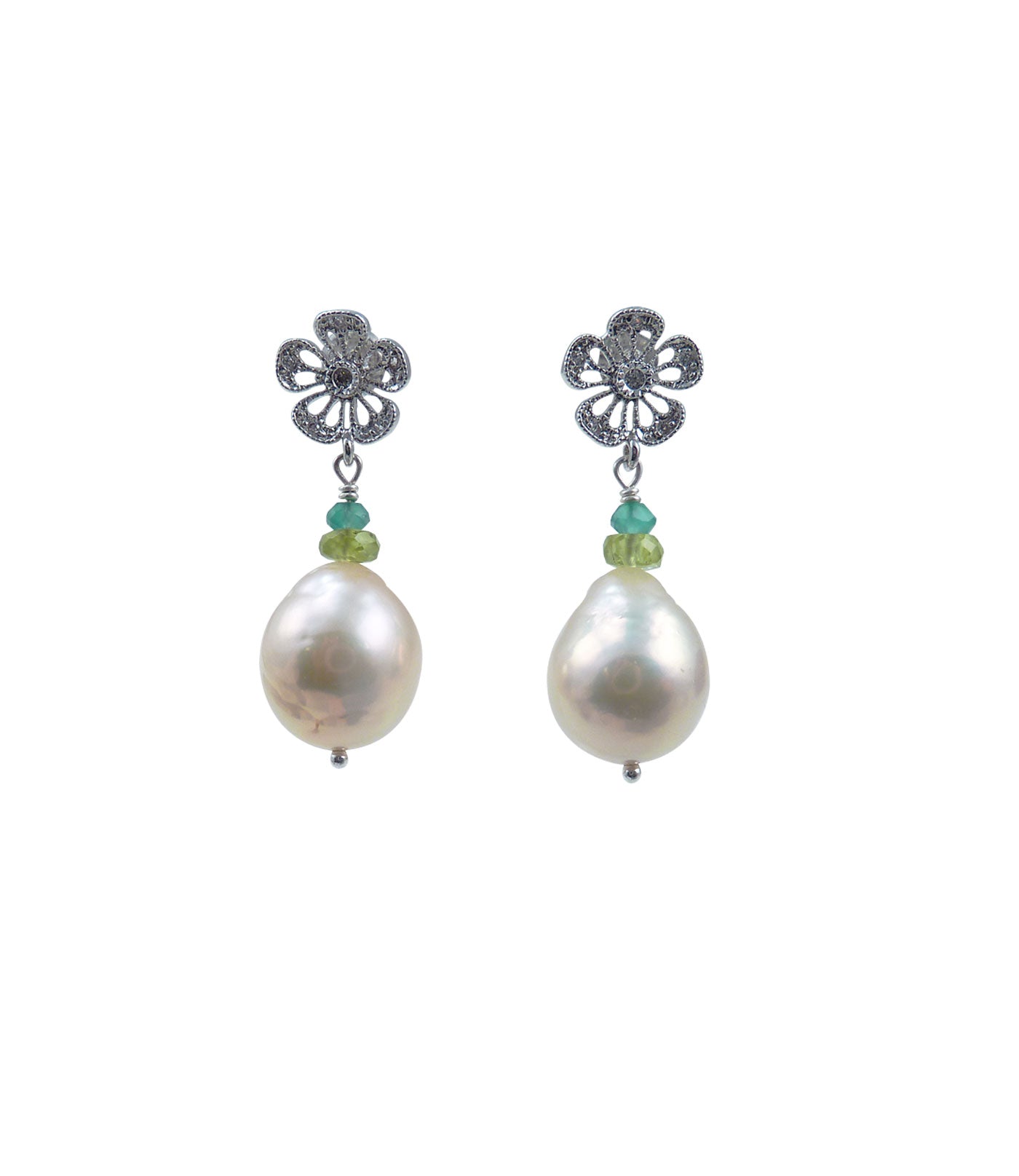 Stunning Chinese Kasumi pearl earrings feature rare freshwater Kasumi-like pearls paired with colored gems.  Contemporary custom pearl earrings.