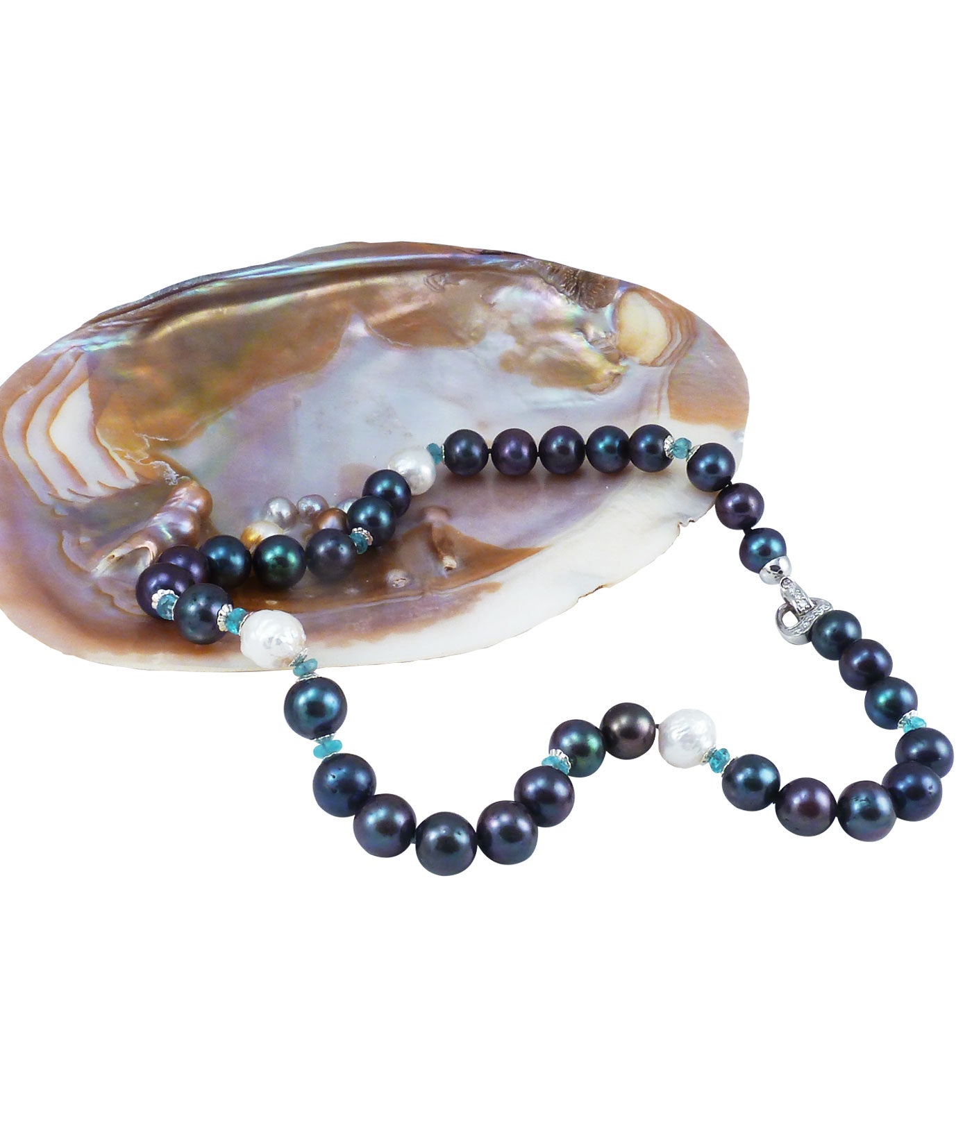 Stunning black pearl necklace with apatite and Sterling silver elements.  Unique pearl jewelry