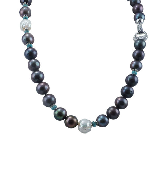 Stunning black pearl necklace with apatite and elegant Sterling silver clasp