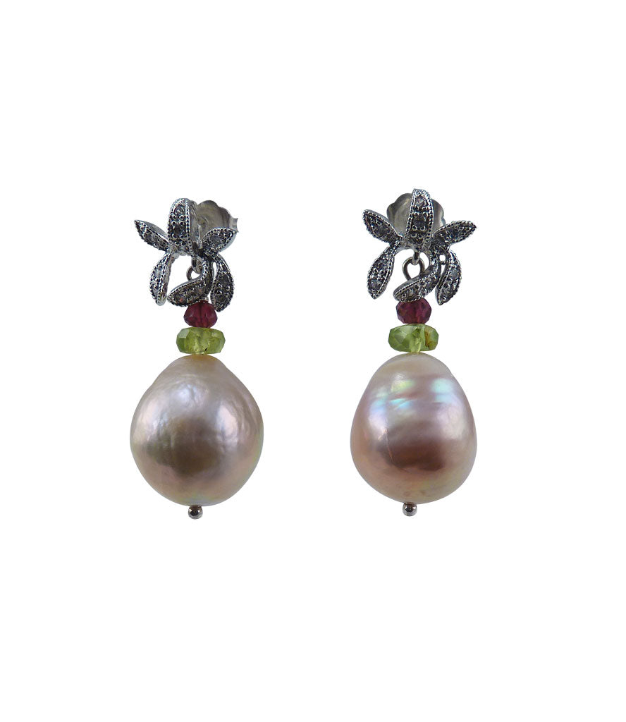 Stunning bronze pearl earrings paired wth colorful gems: peridot and garnet