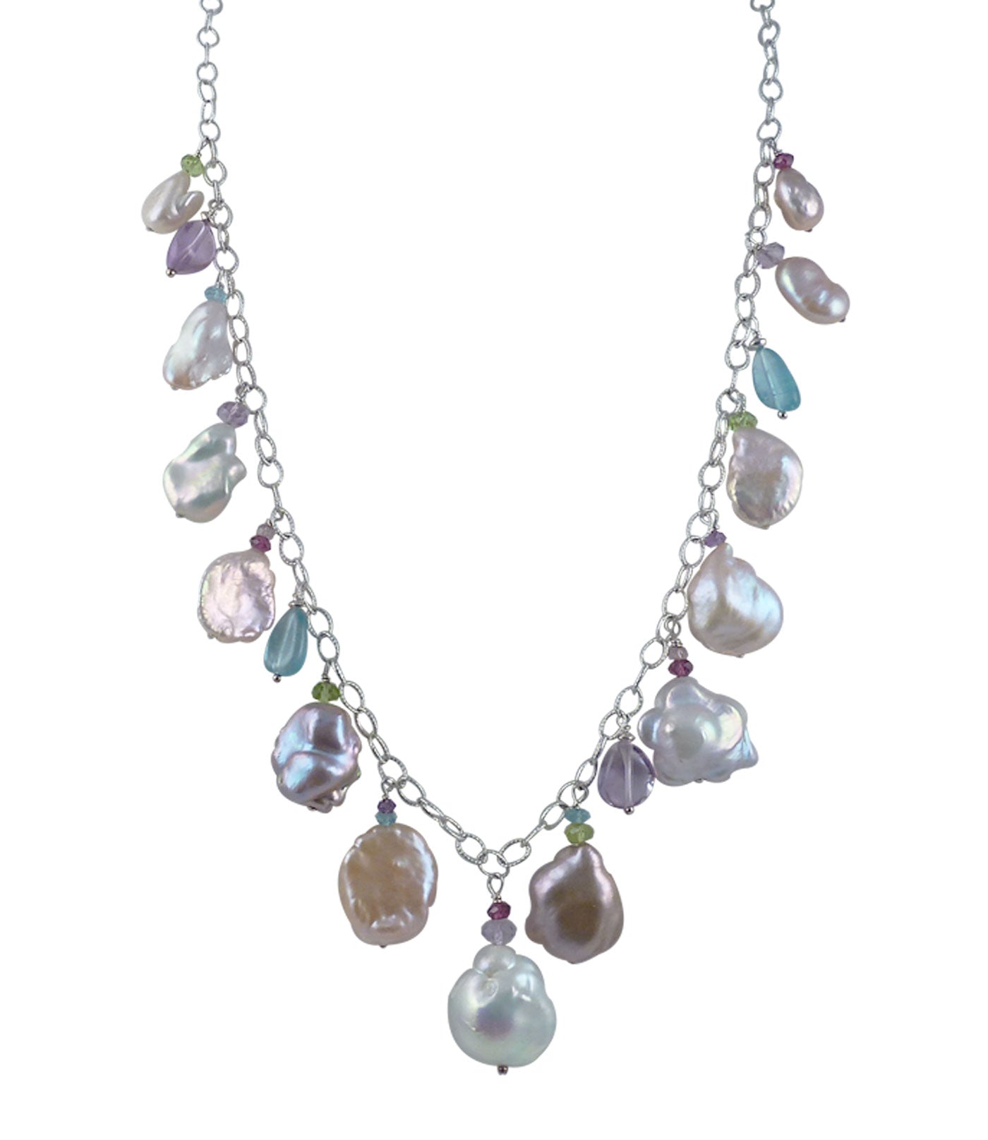 Stunning fringe pearl necklace with gemstones.  Custom pearl jewelry for fashion-forward women