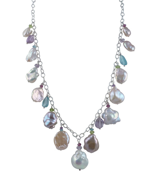 Stunning fringe pearl necklace with gemstones.  Custom pearl jewelry for fashion-forward women