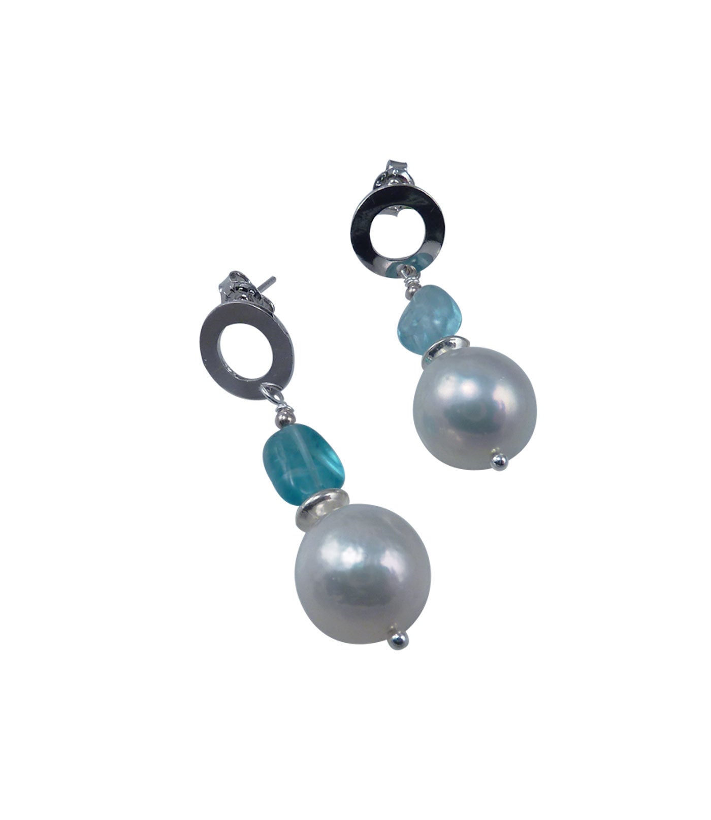 Stunning pearl earrings with apatite are perfect jewelry accessory.  Large white real pearls are paired with neon-blue apatite