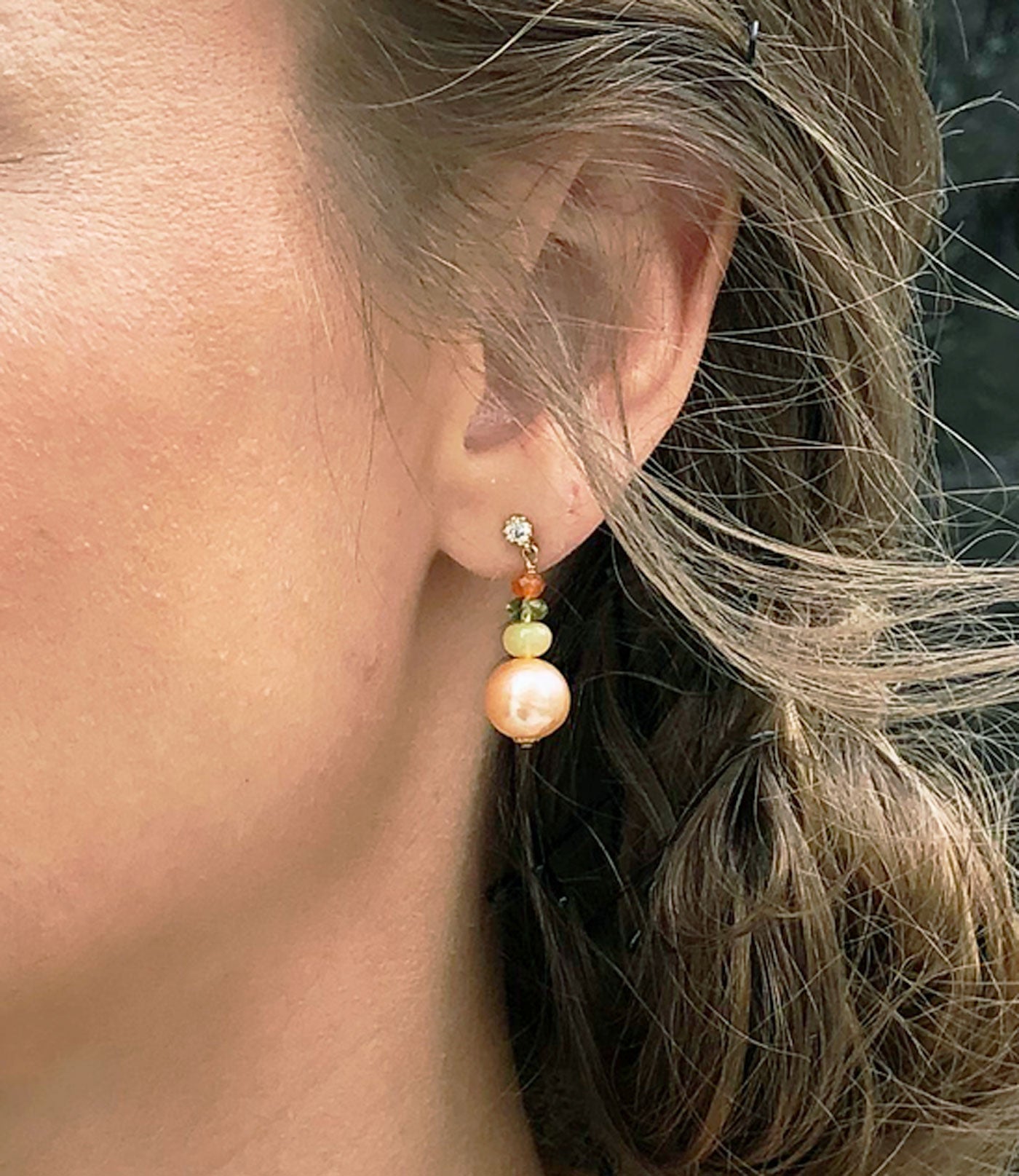 Stunning_pearl_earrings_with_opal feature gorgeous Chinese Kasumi pearls paired with colored gemstones.  This unique pearl jewelry will give the final touch for your look.