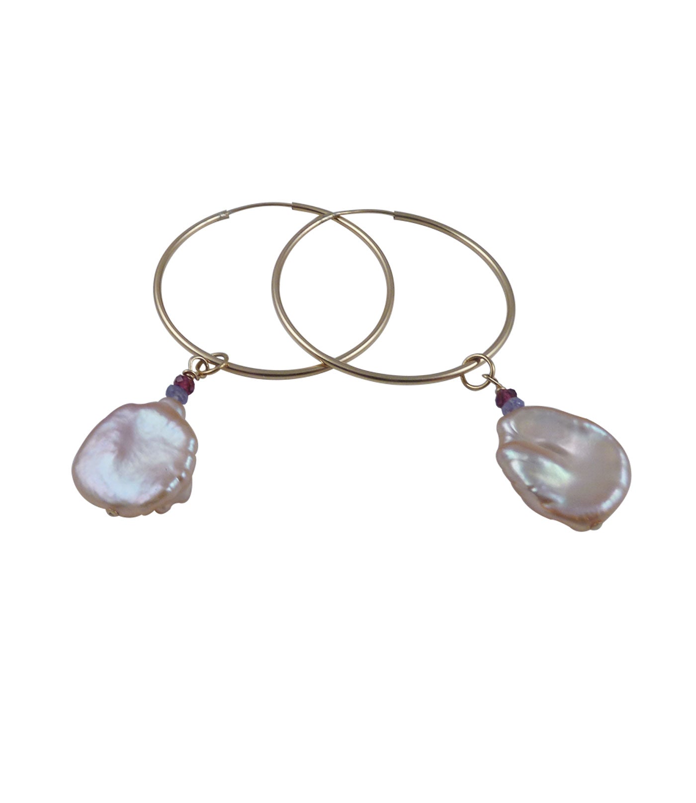 Stylish hoop pearl earrings feaaturing freshwater pink keshi pearls and colored gemstones.