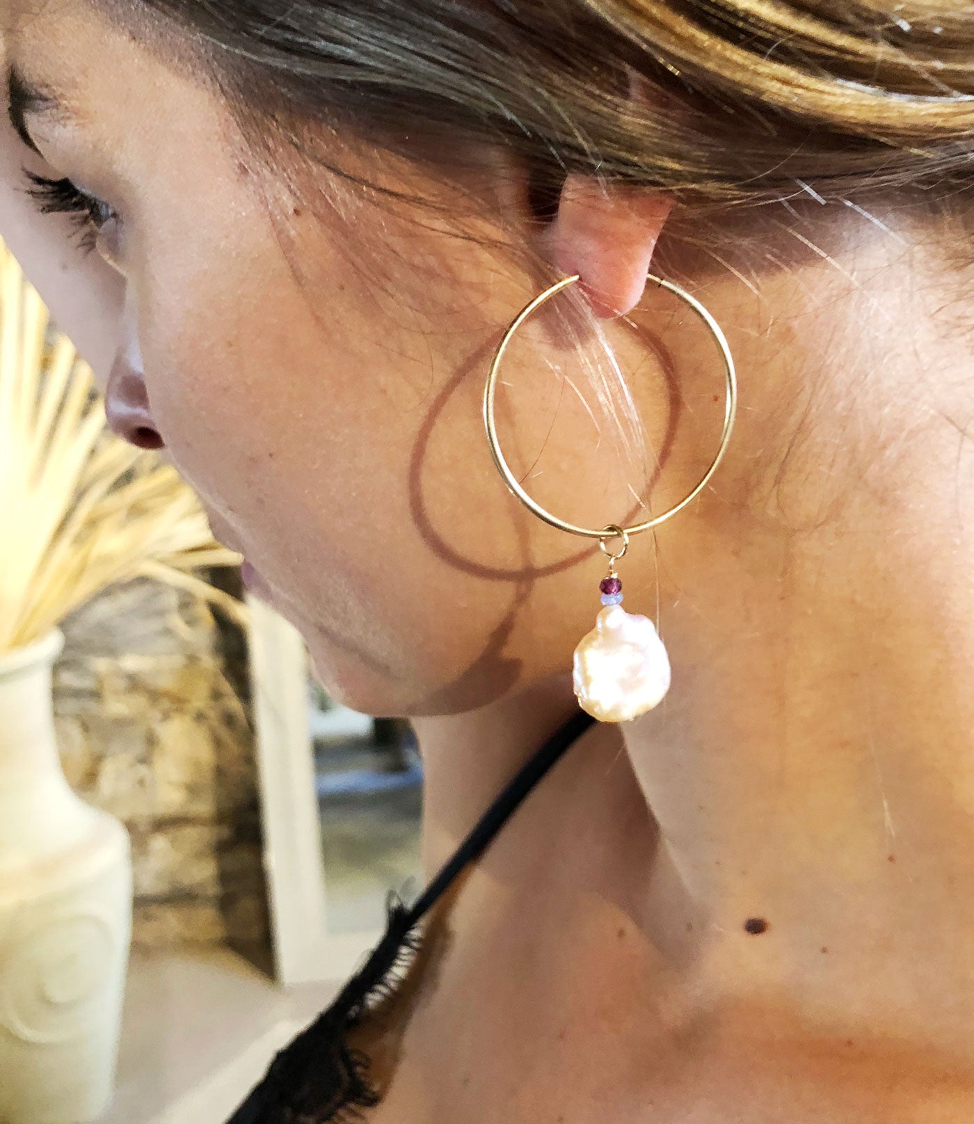 Stylish hoop pearl earrings featuring freshwater keshi pearls.  You may wear these custom pearl jewelry on any occasion