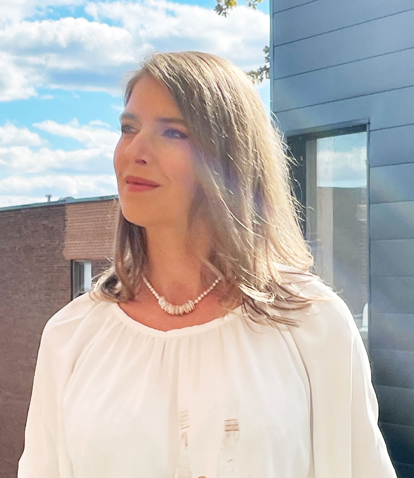 Stylish pearl necklace with white freshwater keshi pearls designed and created by Jewelry Olga Montreal Canada