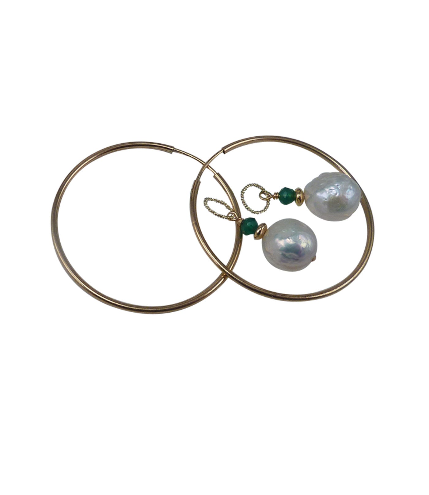 Versatile hoop pearl earrings featuring white Kasumi pearls paired with green quartz