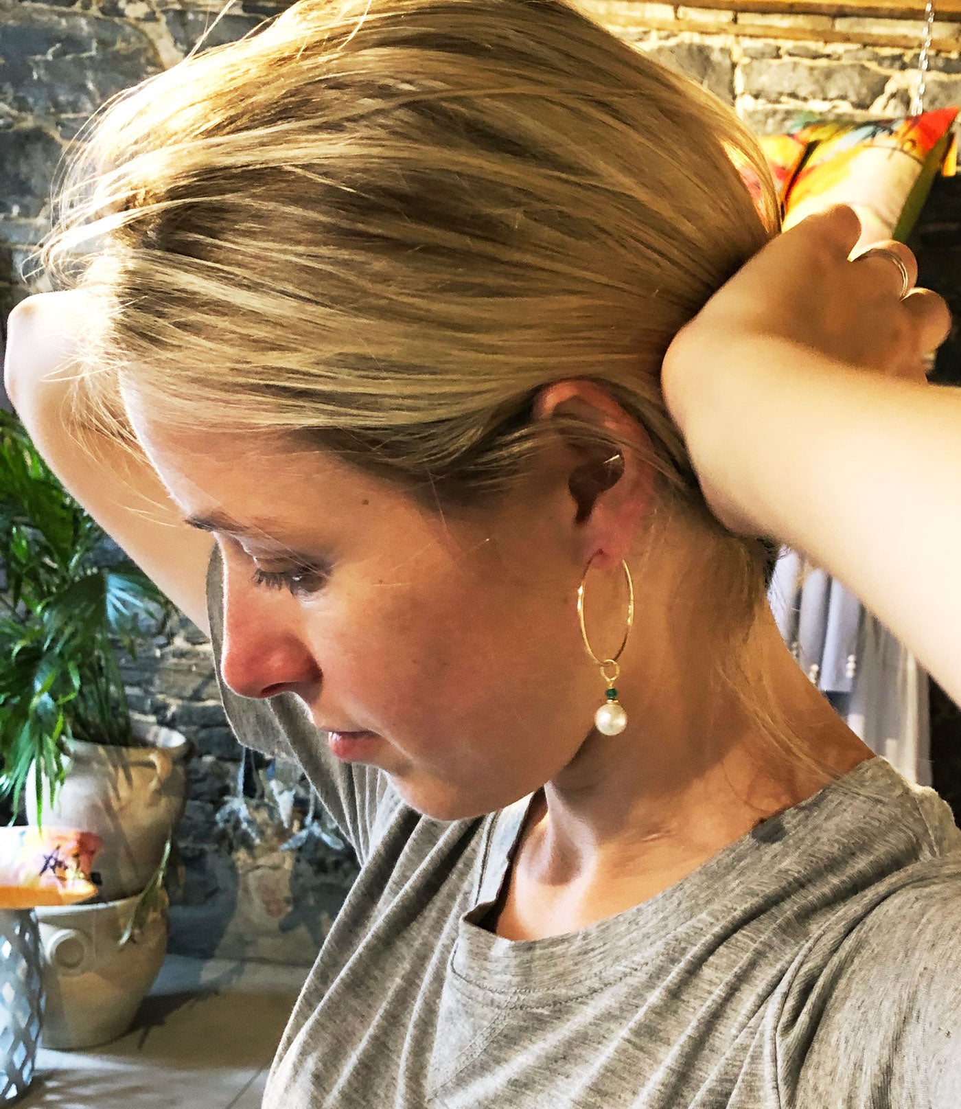 Versatile hoop pearl earrings may be worn on any occasion.  Contemporary pearl jewelry