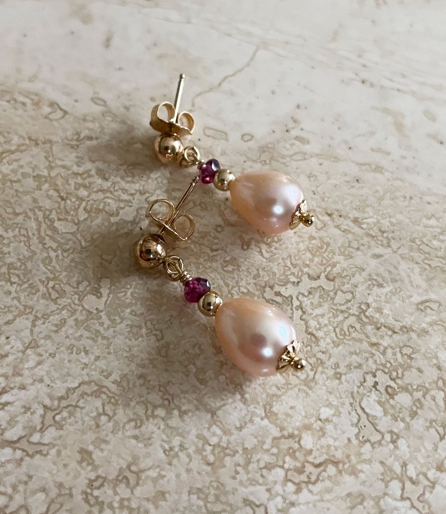 Dainty pink pearl earrings with garnet
